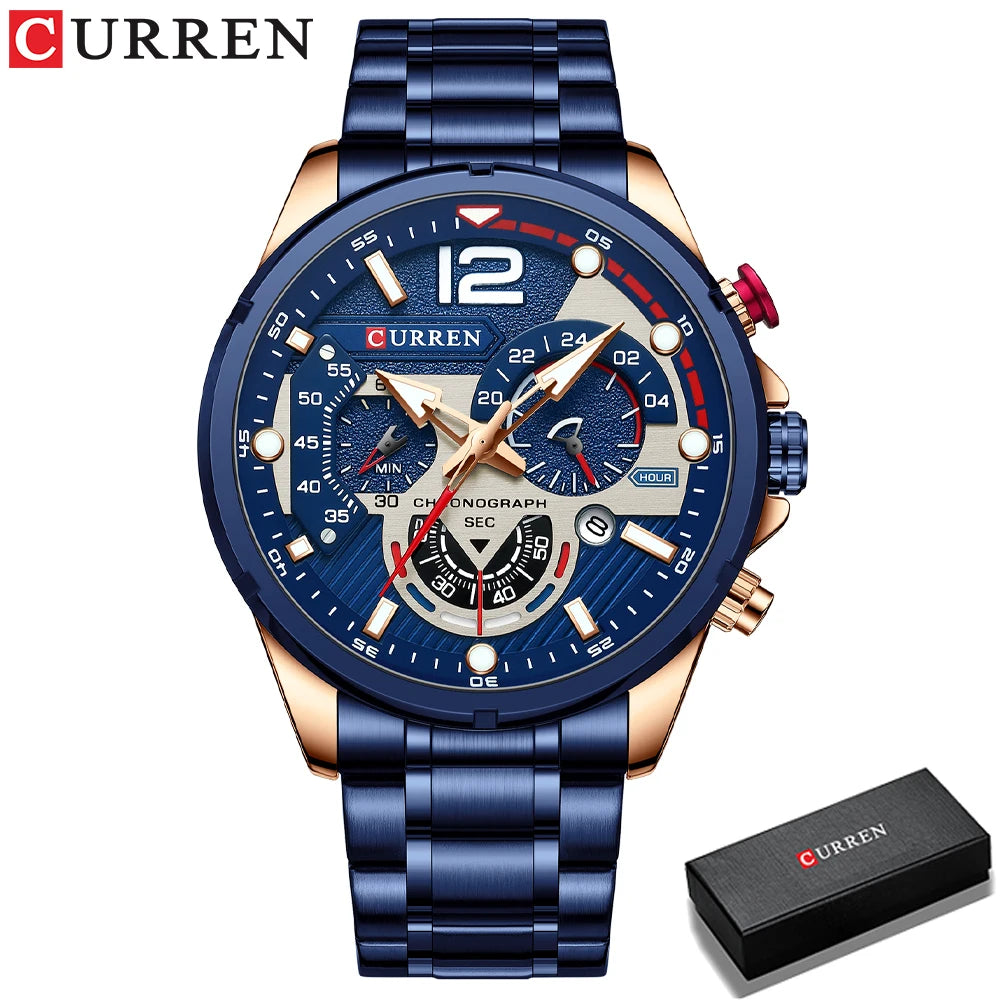Orologio da uomo CURREN sportivo al quarzo con cronografo, in acciaio inox di lusso con quadrante luminoso