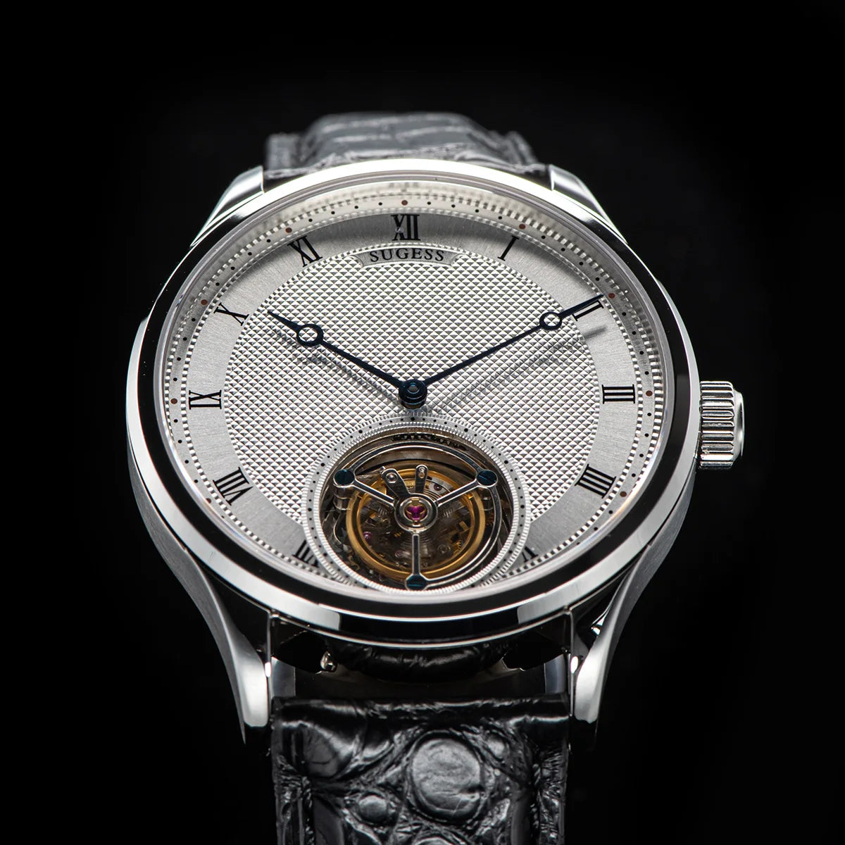 Sugess Tourbillon Men Watches ST8230 Genuine Tianjin Movement Mechanical Vintage Skeleton Wristwatch Elegant Crocodile Leather