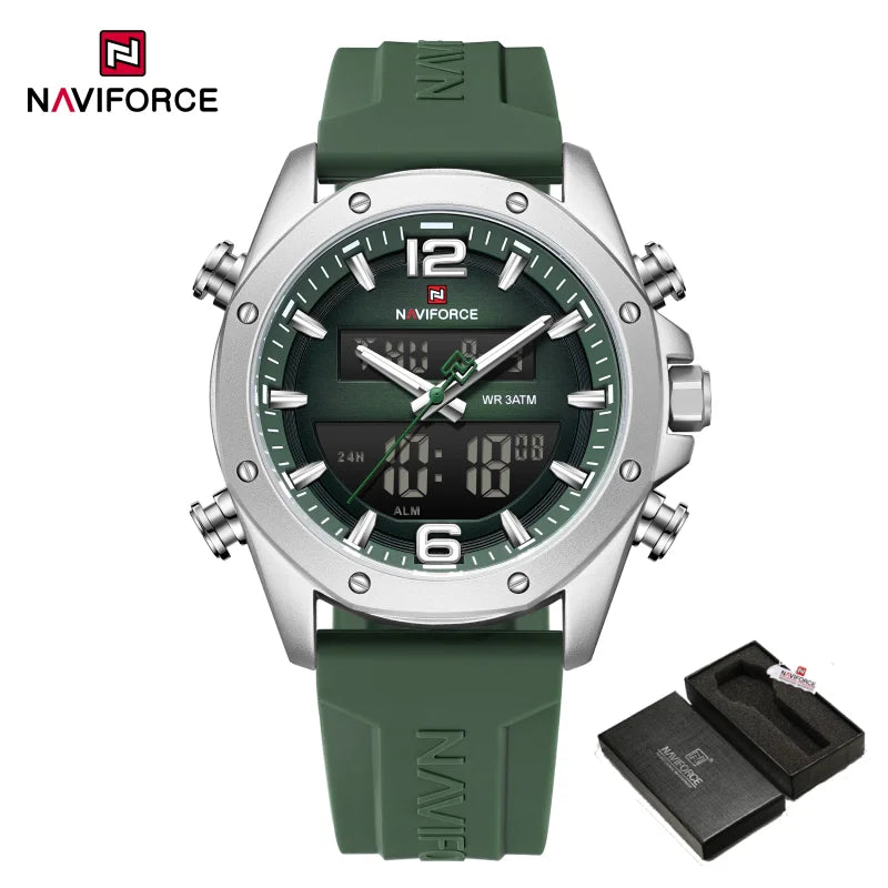 NAVIFORCE Men Quartz LCD Dual Display Watch With Silicone Strap 3ATM Waterproof Shockproof Night Light Round Case Sport Casual