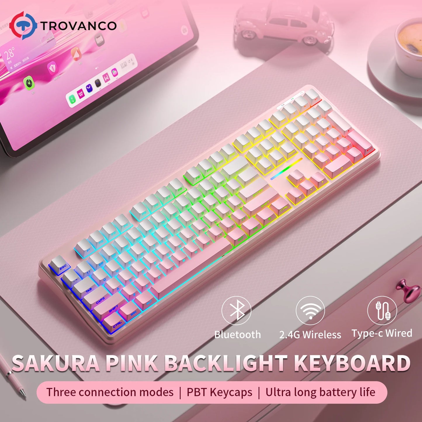 Teclado Bluetooth V108 Pro para escritório, baixo ruído, 2.4G, com e sem fios, layout completo, membrana com retroiluminação RGB