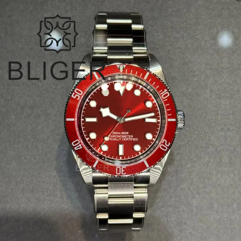 BLIGER 39mm Classic Wine Red Diver Watch For Men NH35 Mechanical Domed Sapphire Glass100m Waterproof Super Luminous Reloj Hombre