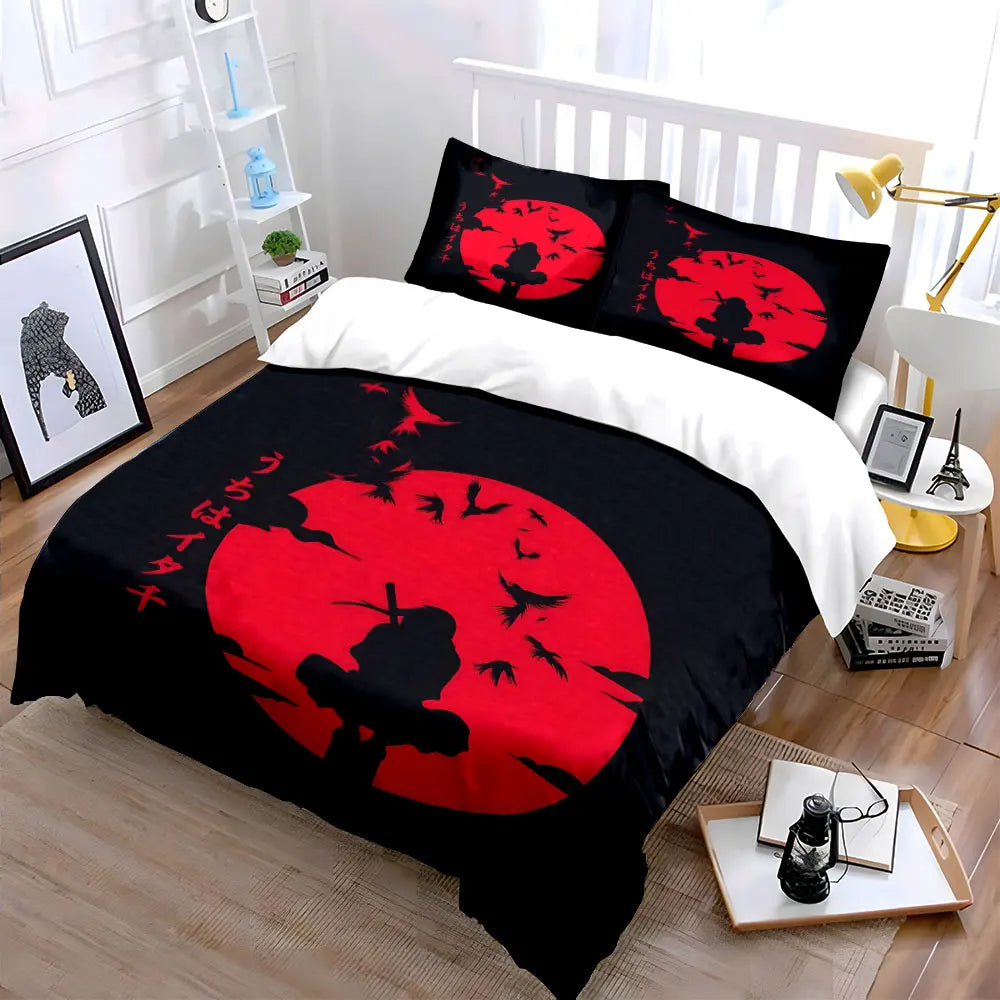 Japanese Ninja silhouette under the red moon Pattern Duvet Cover Set Digital Print Colorful Polyester Bedding with Zipper Closur
