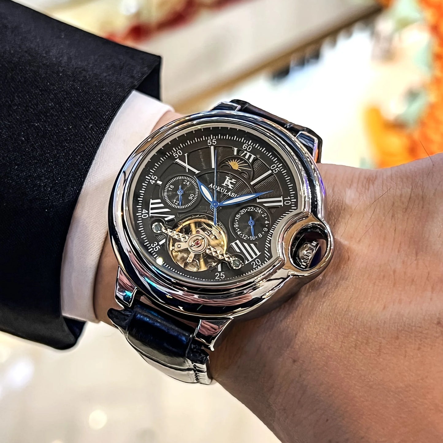 European and American Style Luxury Brand Series of High-End Business Men's Mechanical Watches, Round Dial, Skeleton Design, Automatic Winding, Leather Strap, Multi-Function Display, Tourbillon Men's Watch, Fashionable Accesso