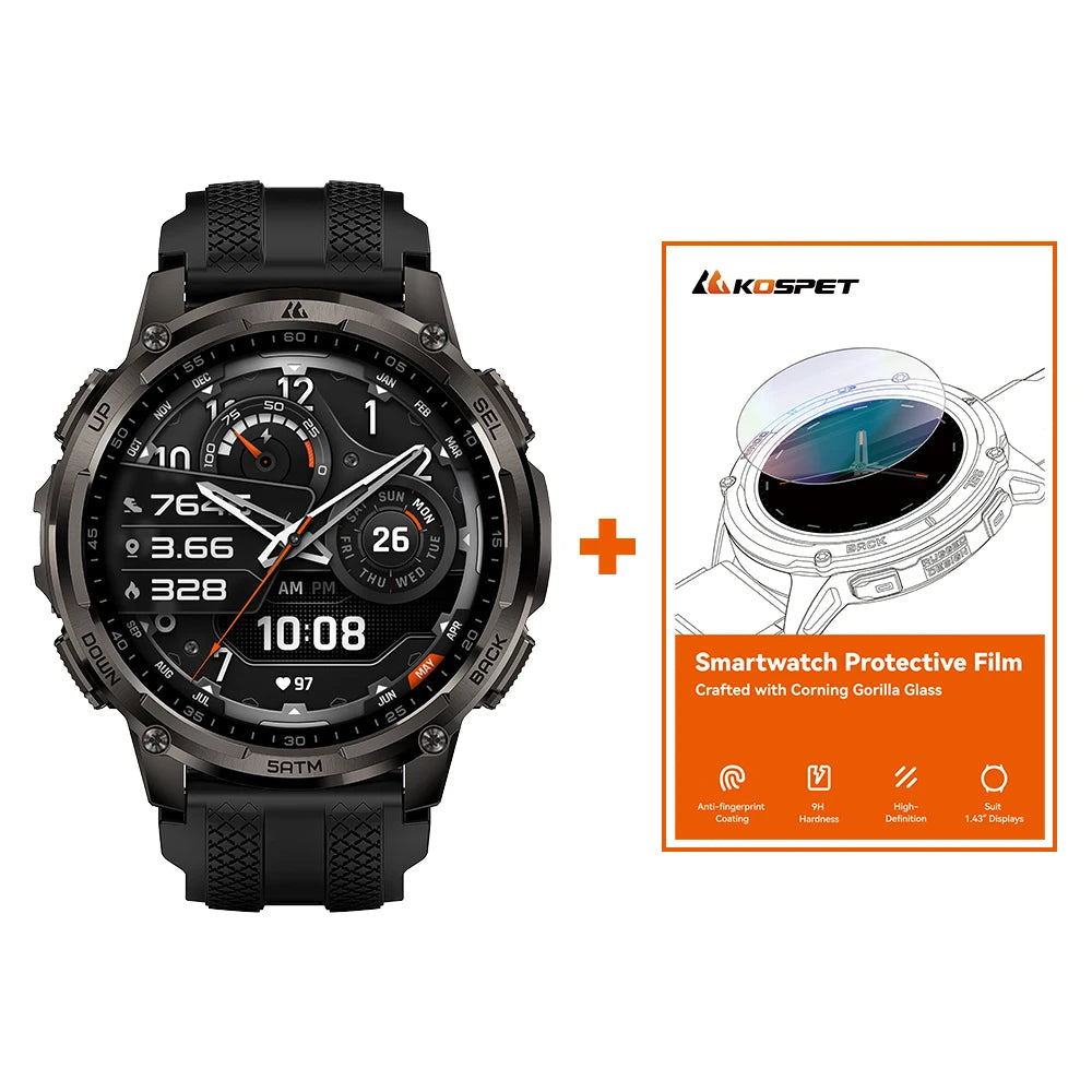 KOSPET TANK T4C Men's Outdoor Watch Rugged GPS 50M Waterproof Military Spec with Integrated Flashlight and Activity Tracking