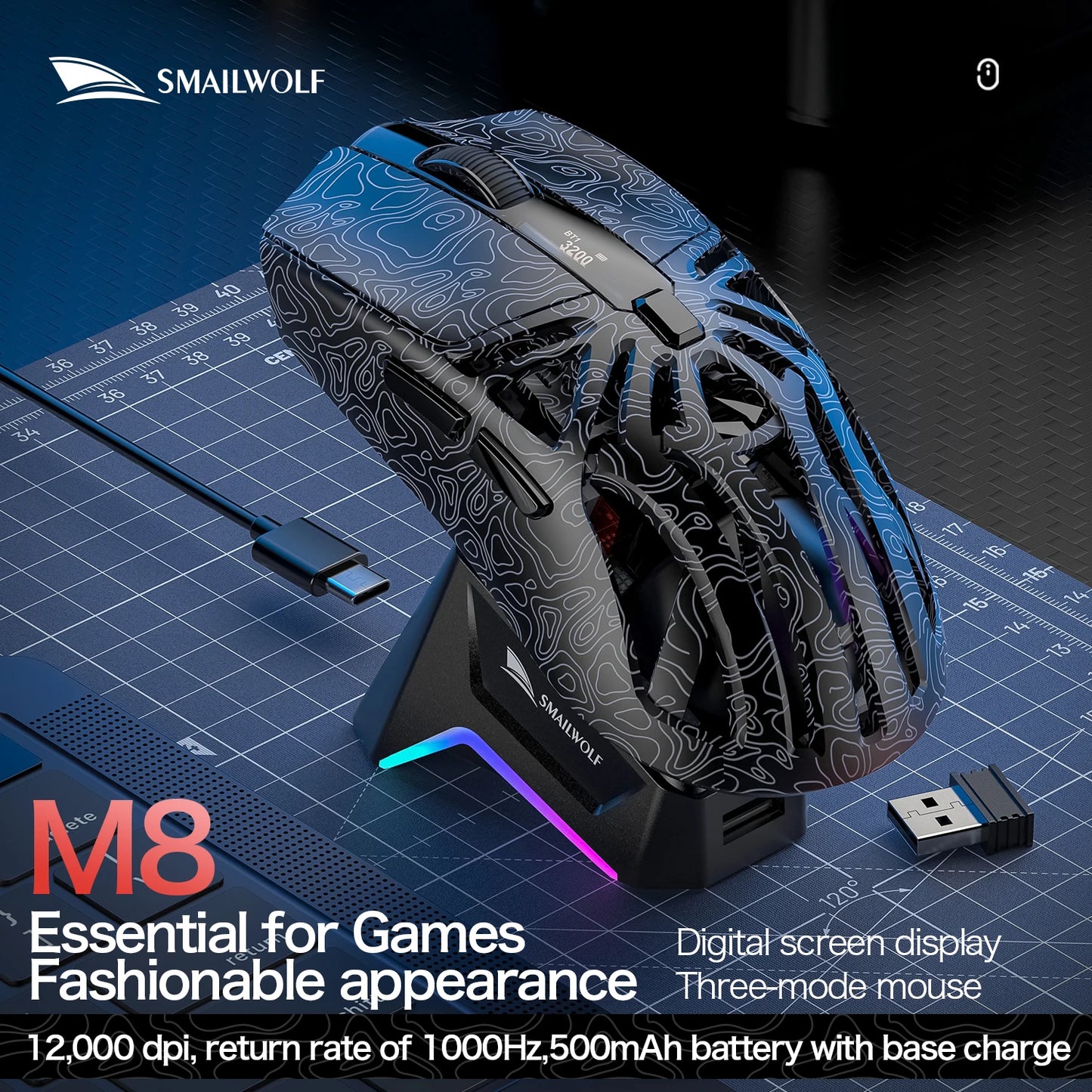 SMAILWOLF M8 Bluetooth Wireless Gaming Mouse, Tri-Mode RGB Rechargeable Mouse with PAW3311 Sensor, 12000 DPI Lightweight Gaming Mouse for PC & Office