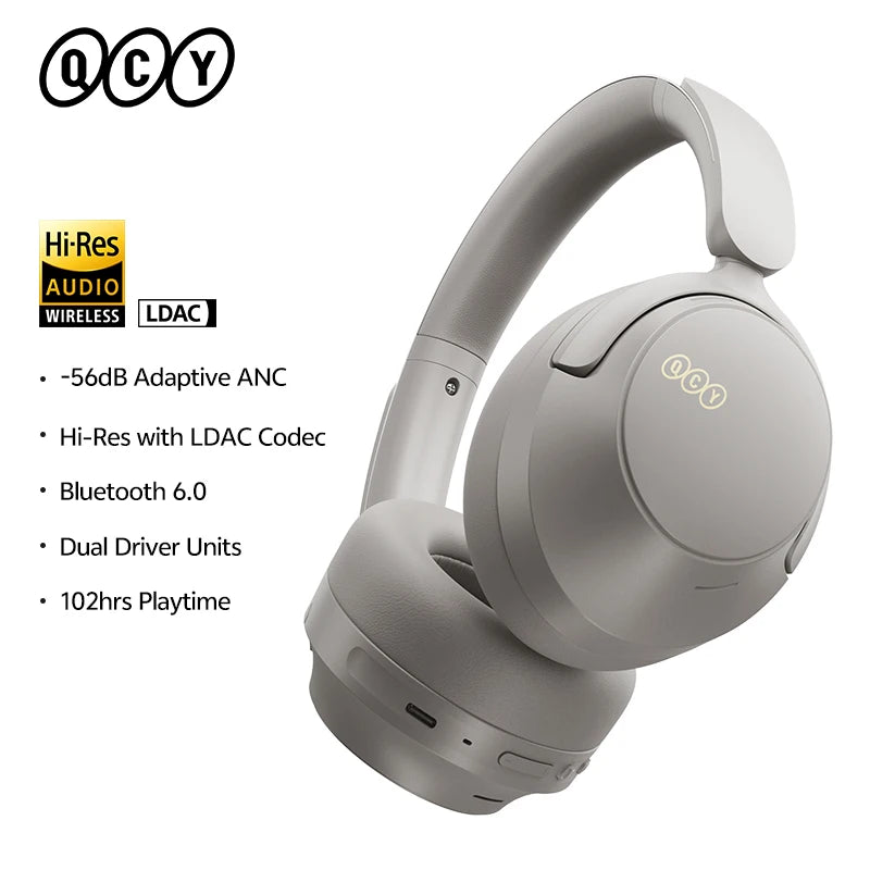 QCY H3S -56dB Adaptive ANC Over Ear Bluetooth 6.0 Headphones – Hi-Res LDAC Wireless Headset, 102H Battery, Dual Driver Spatial Sound