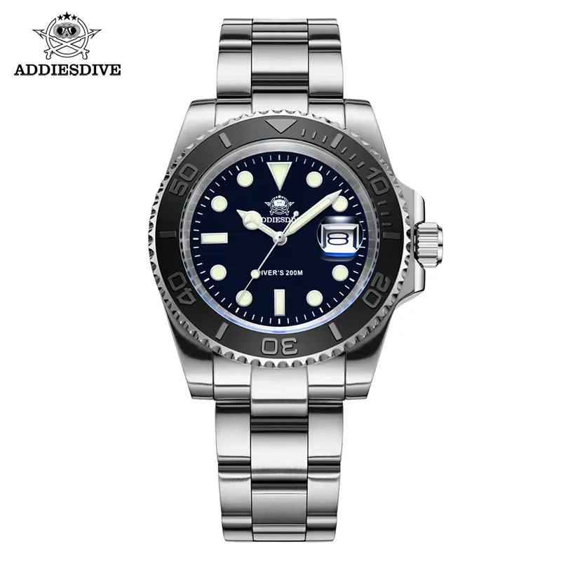 ADDIESDIVE Men's Quartz Watch 200m Waterproof Ceramic Bezel Steel Watch Magnifying Mirror Glass BGW9 Blue Luminous Diving Watch