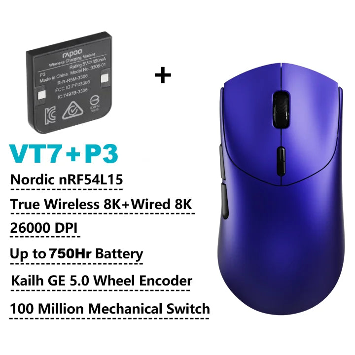 Rapoo GEN-2 VT7 Wireless Gaming Mouse, 8K Polling Rate, 53g Lightweight Gaming Mouse, 26K DPI, Macro Enabled, Rechargeable Gaming Mouse