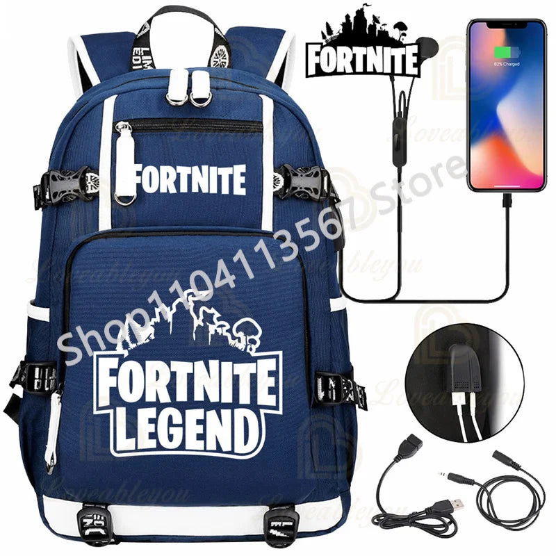 Yule Trooper F-Fortnited Battle Royale Backpack with USB Charging Anime Figures Study Stationery Compartment Students Mochila