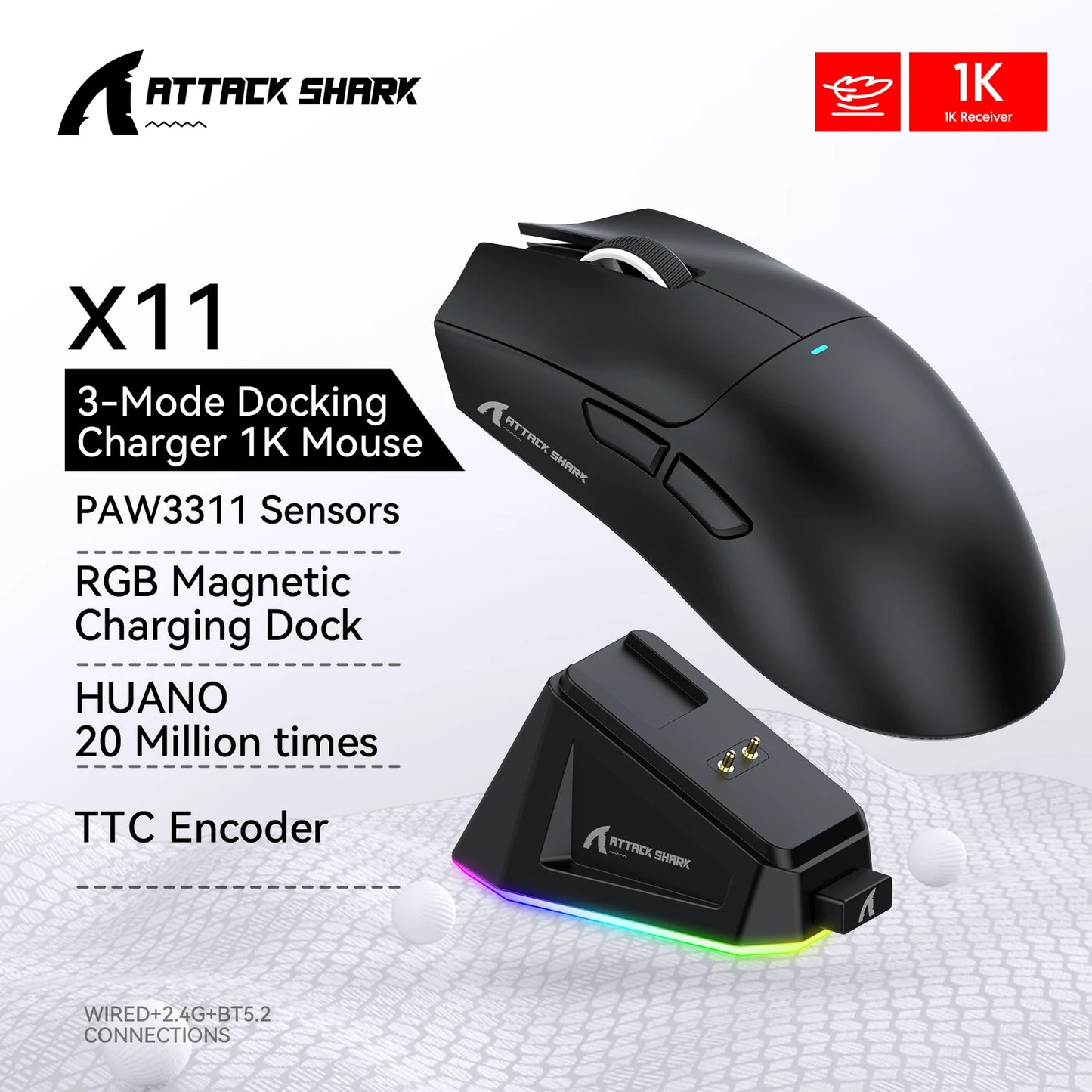 ATTACK SHARK X11 trojrežimová ľahká herná myš s PAW3311,22000DPI,400IPS,40G,59g,magnetickým rýchlonabíjaním,RGB podsvietením