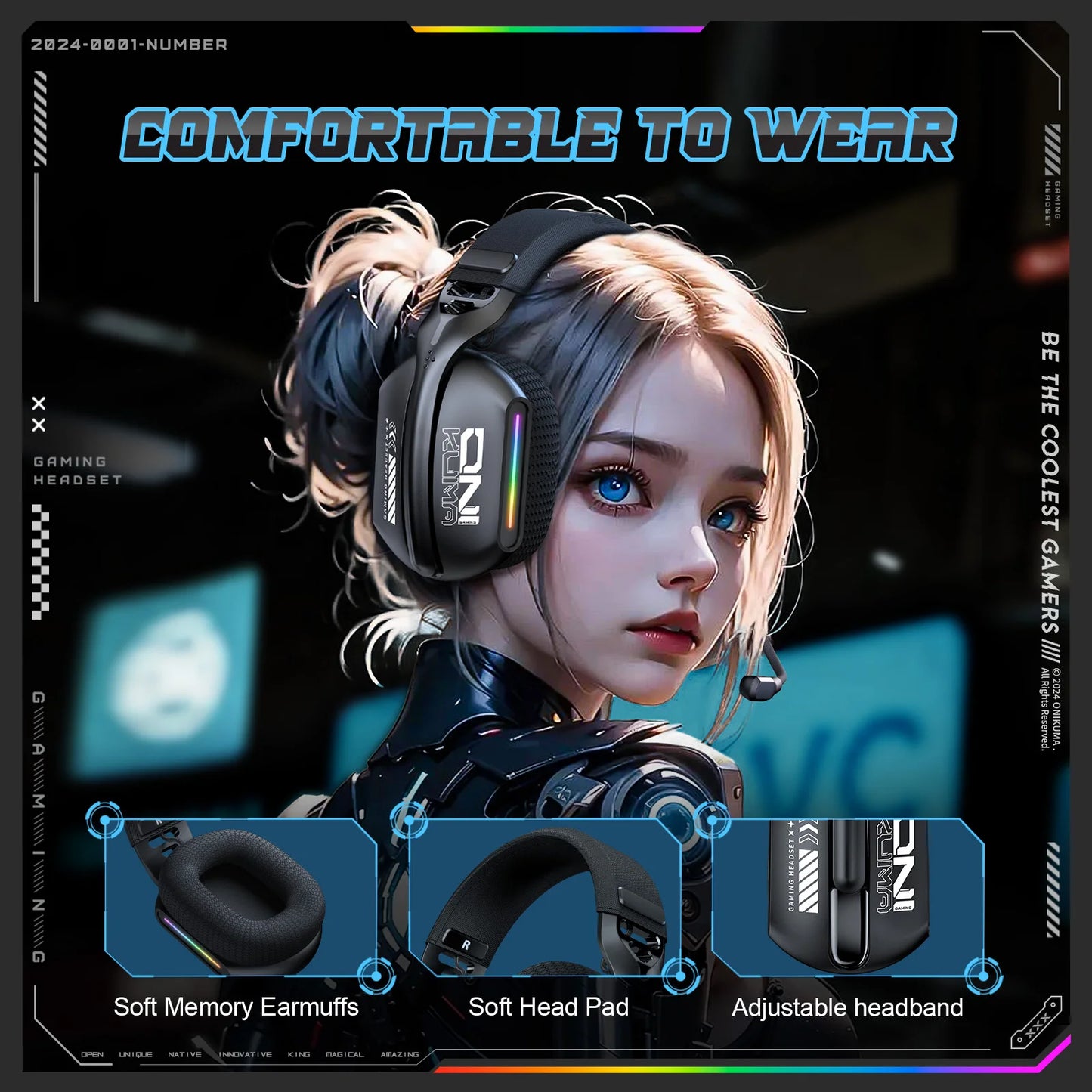 Onikuma GT808 Wireless Gaming Headset RGB – Bluetooth 5.3, 2.4GHz & 3.5mm Gaming Headphones with Microphone