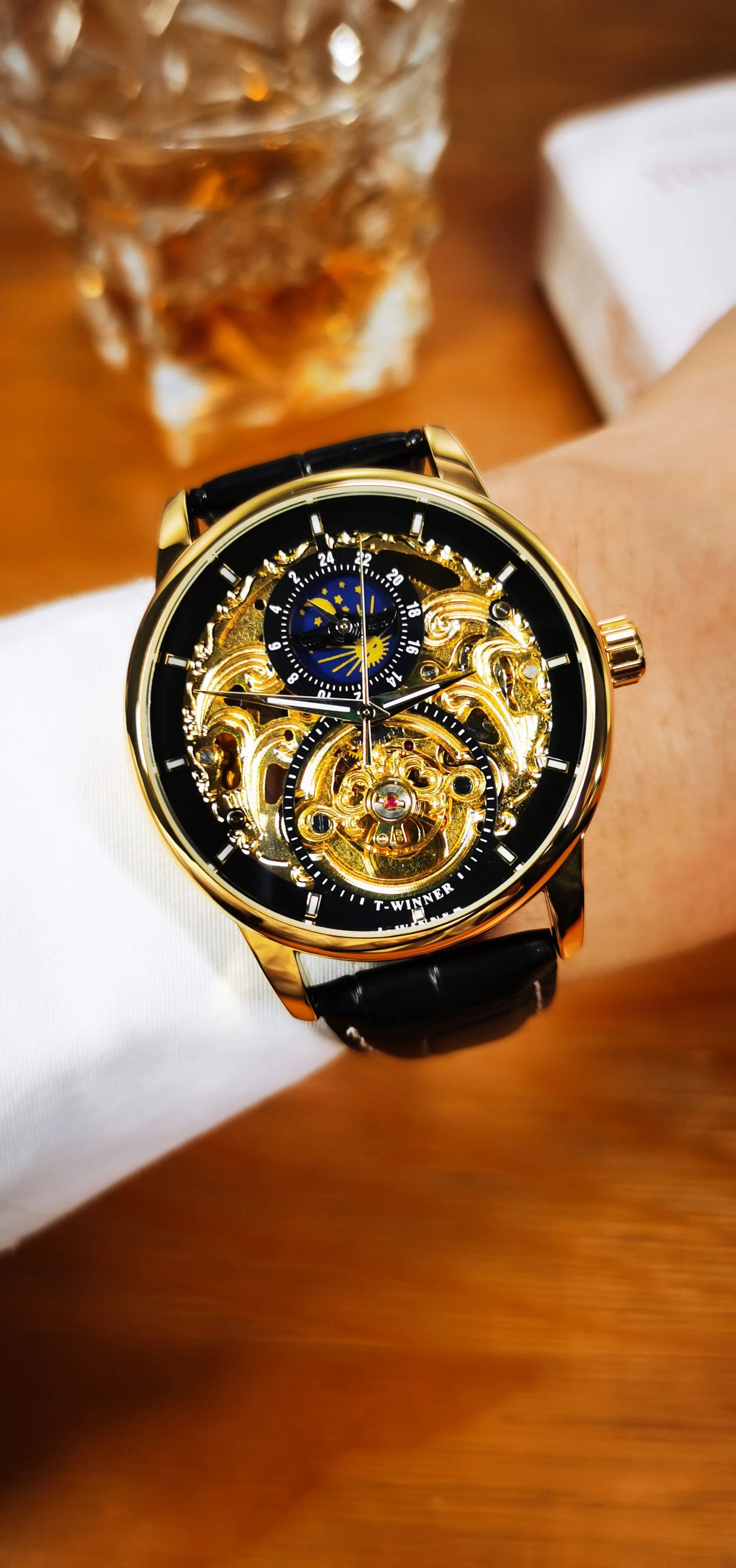 WINNER Classic Retro Automatic Mechanical Watches Luxury Tourbillon Skeleton Mens Watch Moon Phase Genuine Leather Strap Clock
