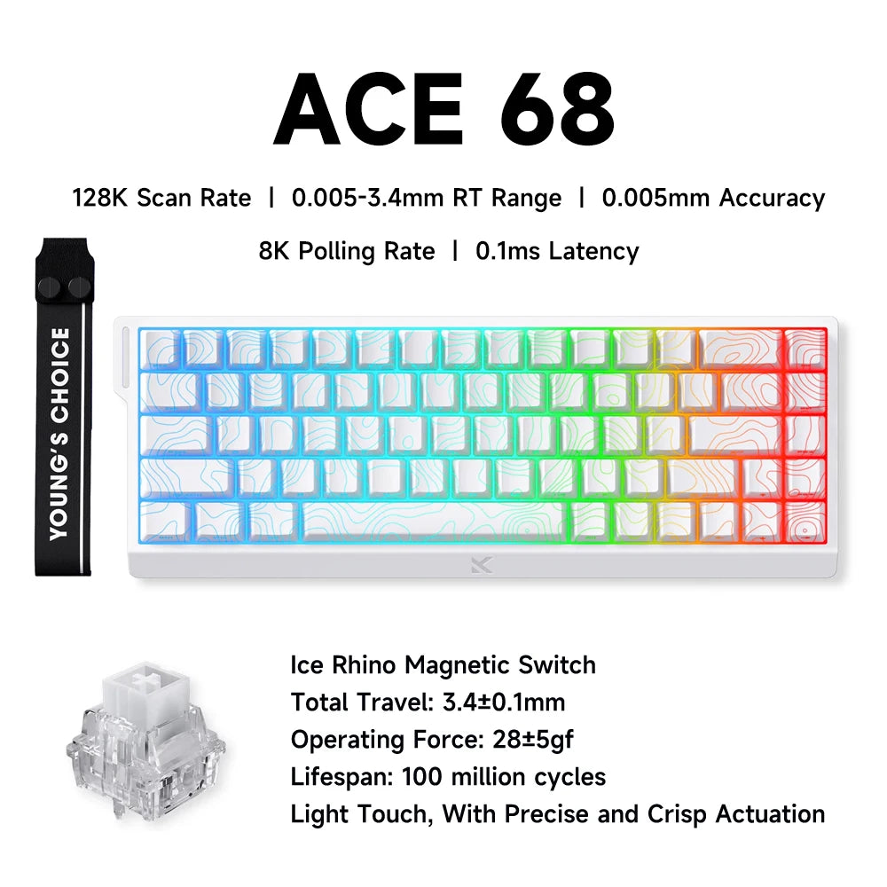 Teclado Gaming MCHOSE ACE 68 com Switches Magnéticos Hall Effect, Rapid Trigger, RGB Programável, 8K Hz, DKS/MT/TGL/RS/SOCD