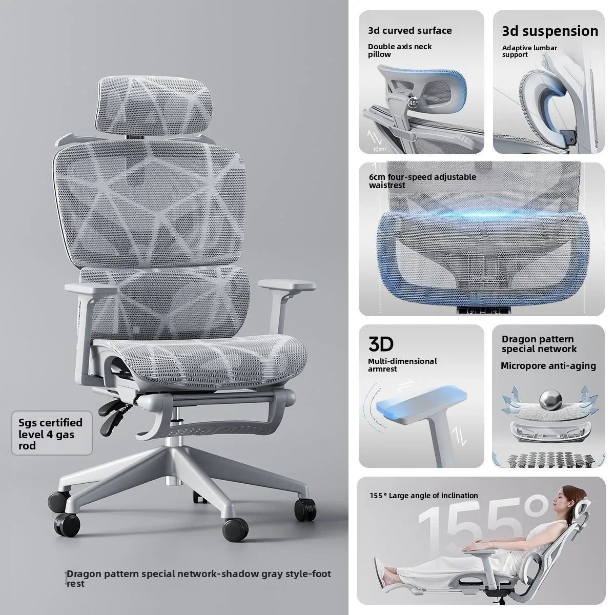 Podesiva ergonomska uredska stolica od mrežastog materijala, prozračna računalna stolica s visokim naslonom, 6D lumbalnom potporom i uvlačivim osloncem za noge