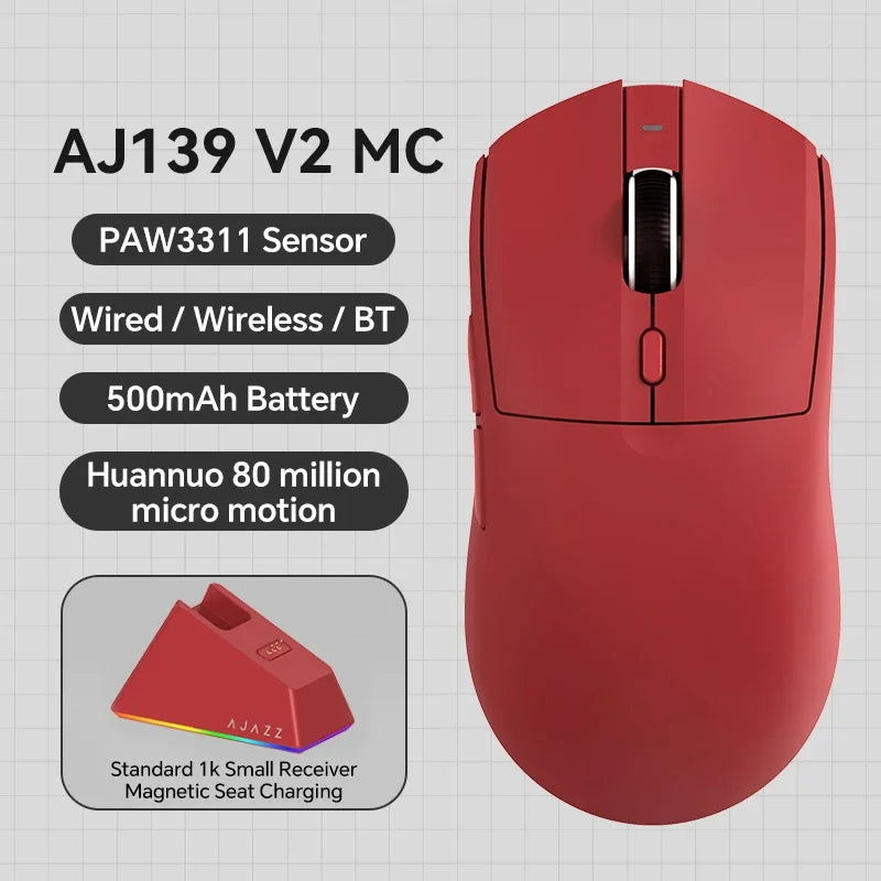 AJAZZ AJ139 V2 MC/AJ139 PRO belaidė žaidimų pelė su PAW3311/PAW3395 jutikliu, 12000DPI/26000DPI, 500mAh „Bluetooth“ pelė žaidėjams, skirta PC