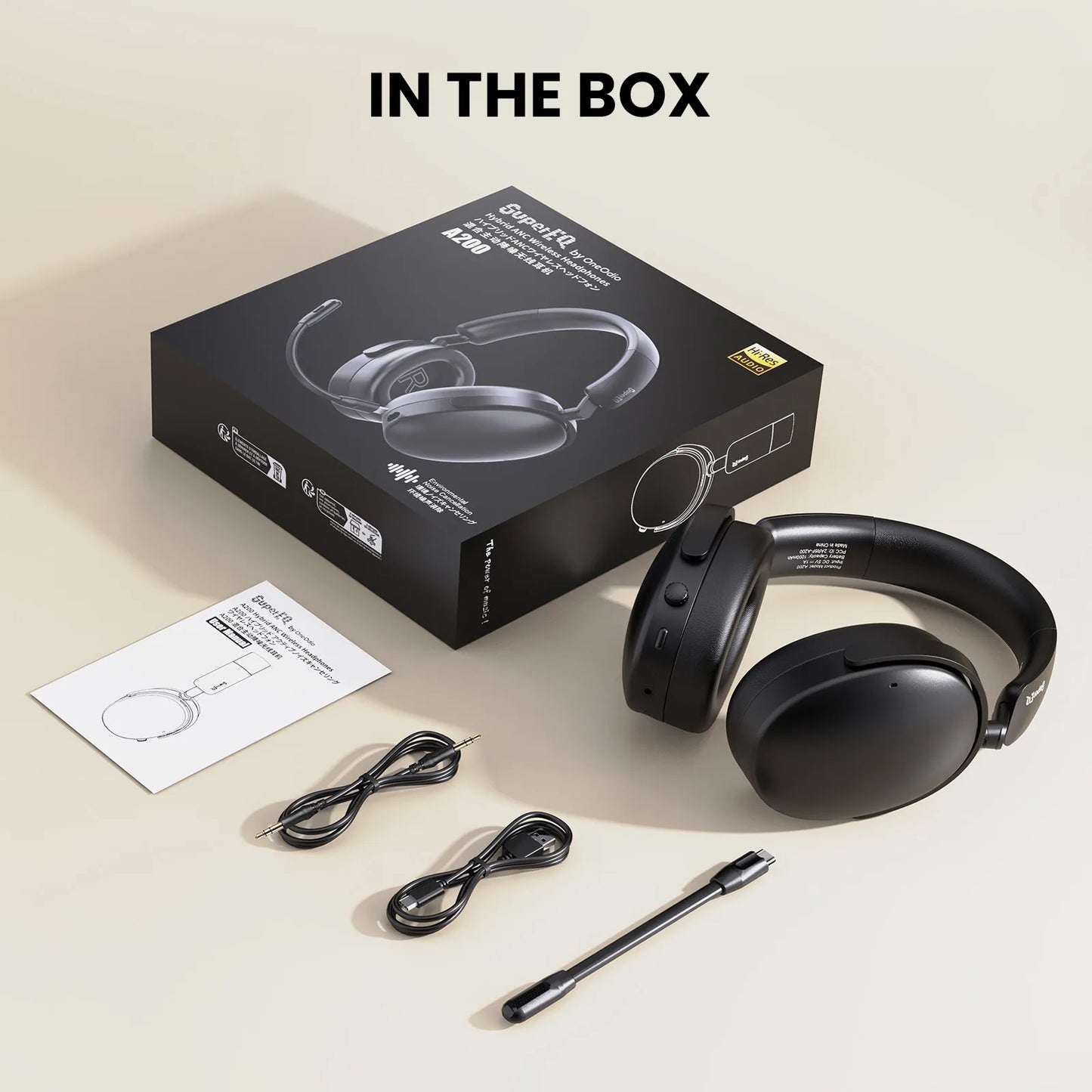 Auscultadores Bluetooth 5.4 Sem Fios Oneodio SuperEQ A200 ANC – Auscultadores Over-Ear com Cancelamento de Ruído, Microfone ENC, Áudio Hi-Res e Controlo por App