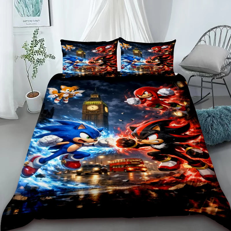 Cartoon Duvet Cover Set , Washable Cotton Bedding – S-Sonic-S the H-Hedgehog Movie Theme Student Bedroom Decor for All Seasons