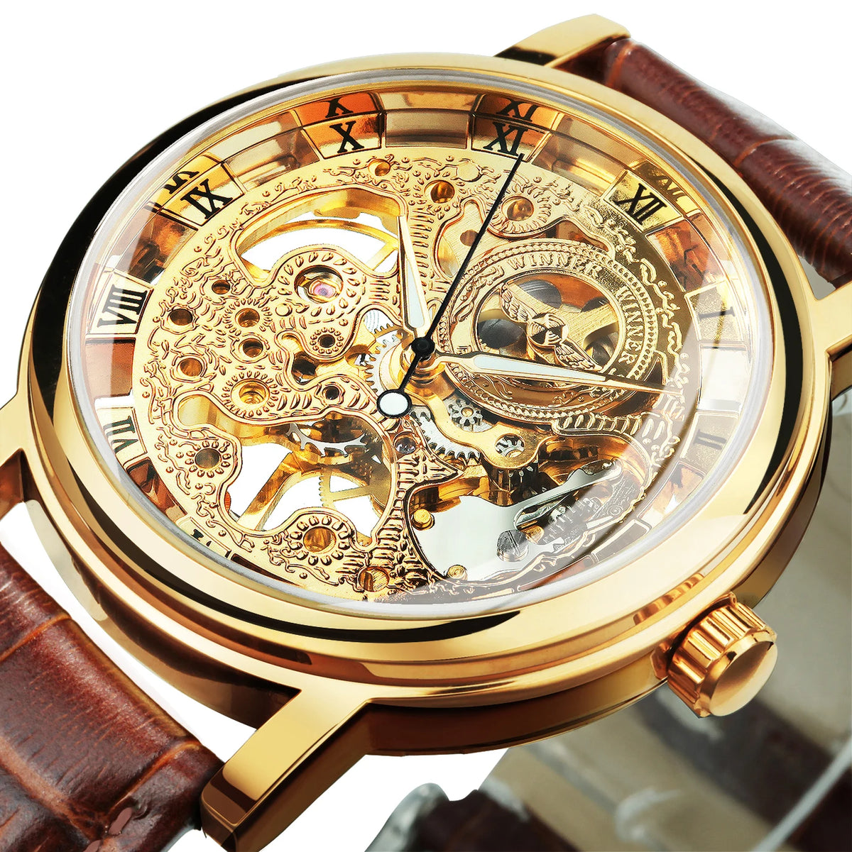 Winner Transparent Luxury Skeleton Mechanical Watches Casual Leather Strap Gold Watch for Men Luminous Hands Retro Wristwatches