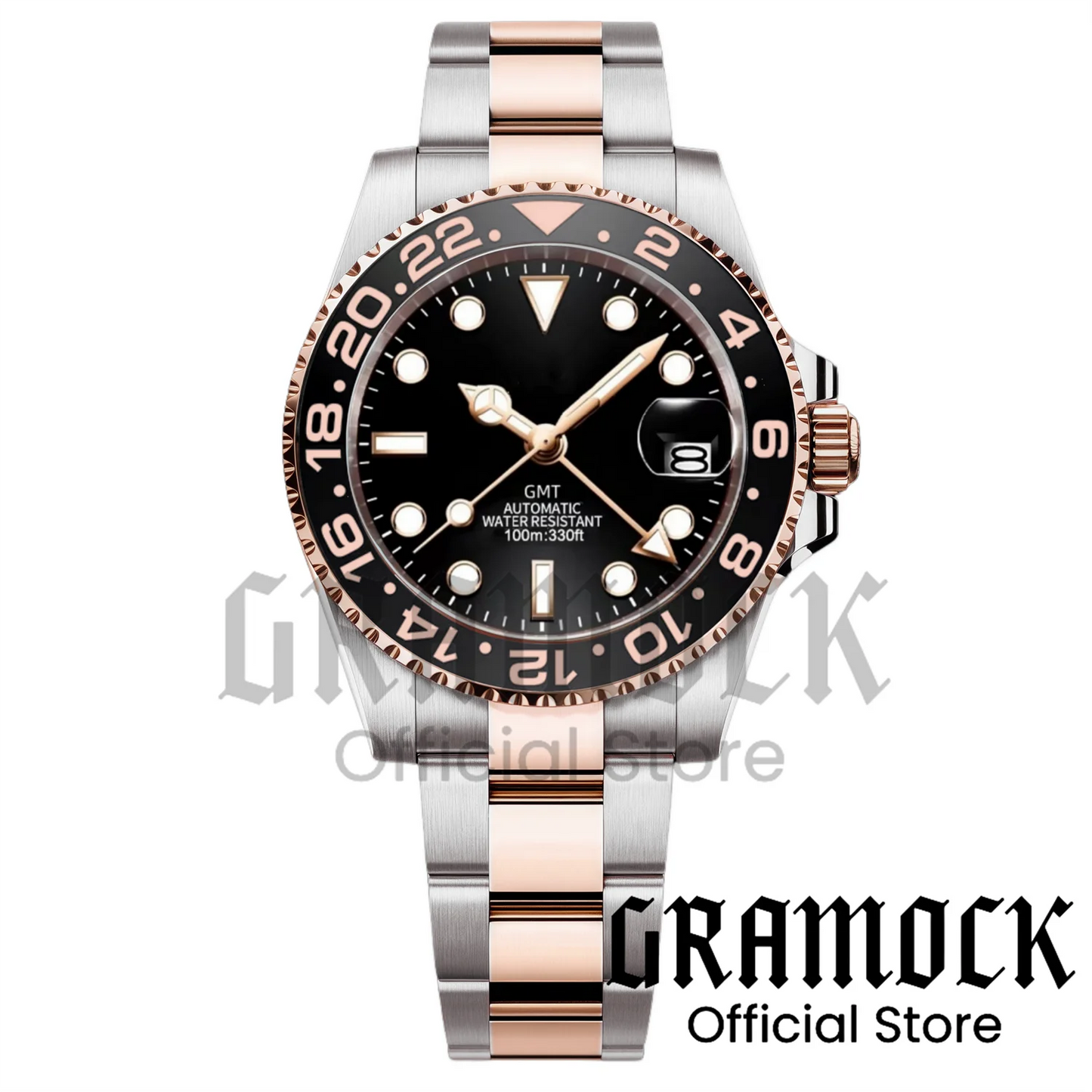Gramock Rose Gold 40MM GMT NH34A Mechanical Watches Date Sapphire Crystal 100M Diving Rotating Bezel Men's Automatic Wristwatch
