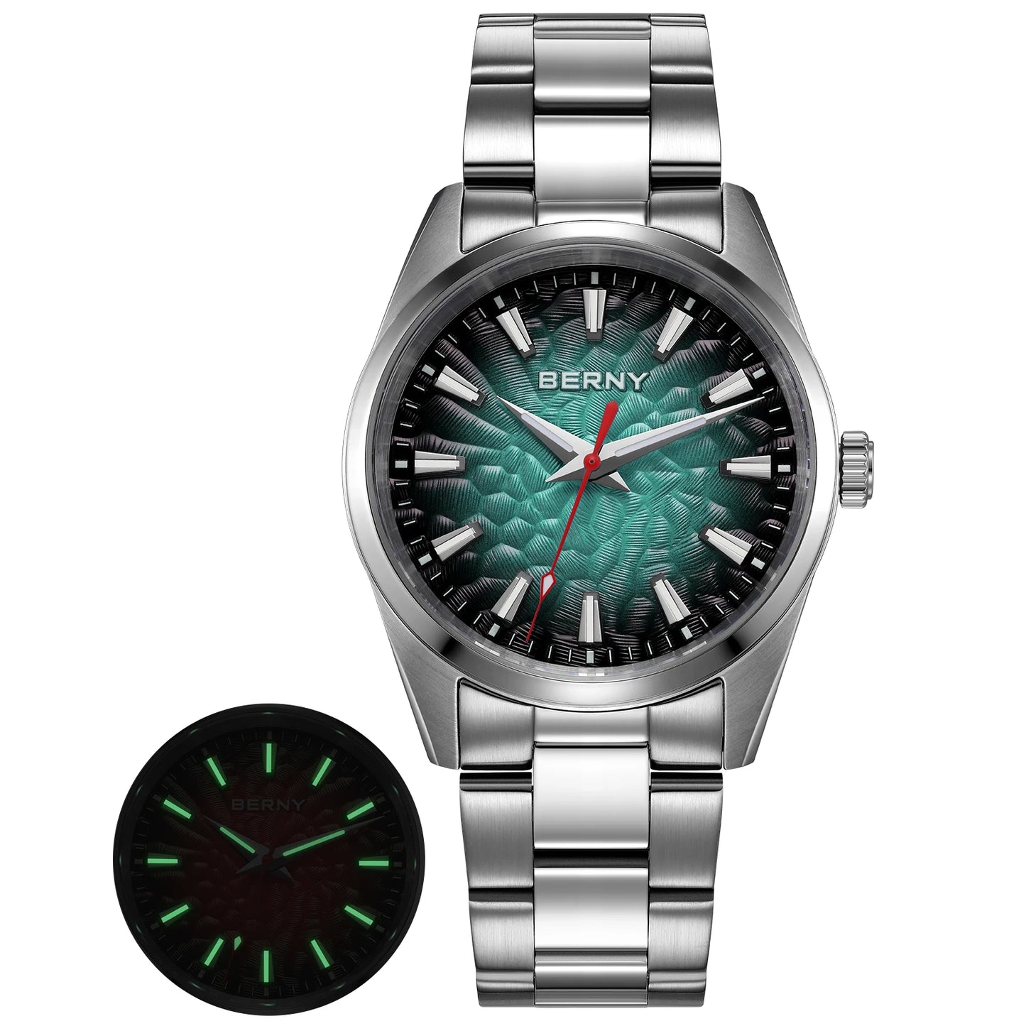 BERNY Men's Watch 10ATM Sapphire Luminous Fashion Quart Watches Full Stainless Steel Classic Dress Business Wristwatch