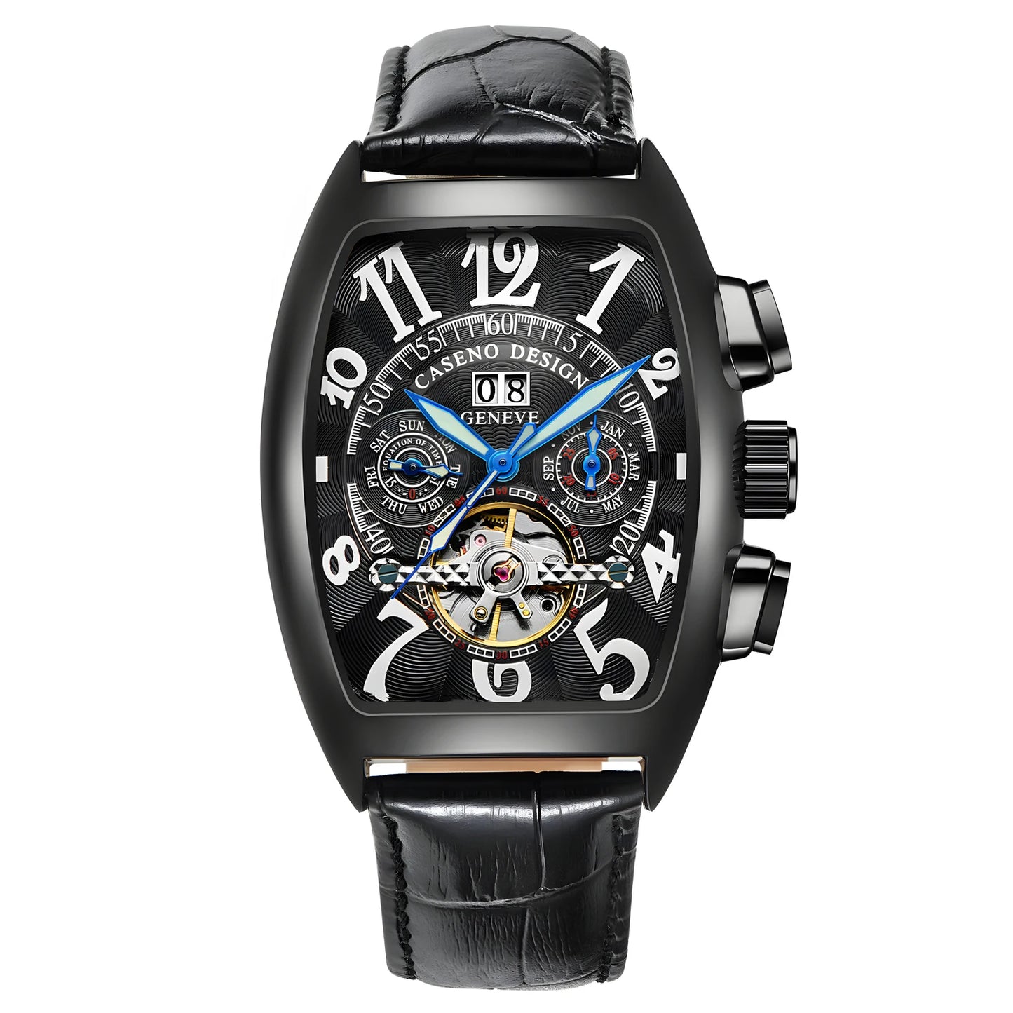 CASENO Top Luxury Brand Men's Fully Automatic Mechanical Tourbillon Watch Calendar Night Glow Tonneau Skeleton Watch -577G