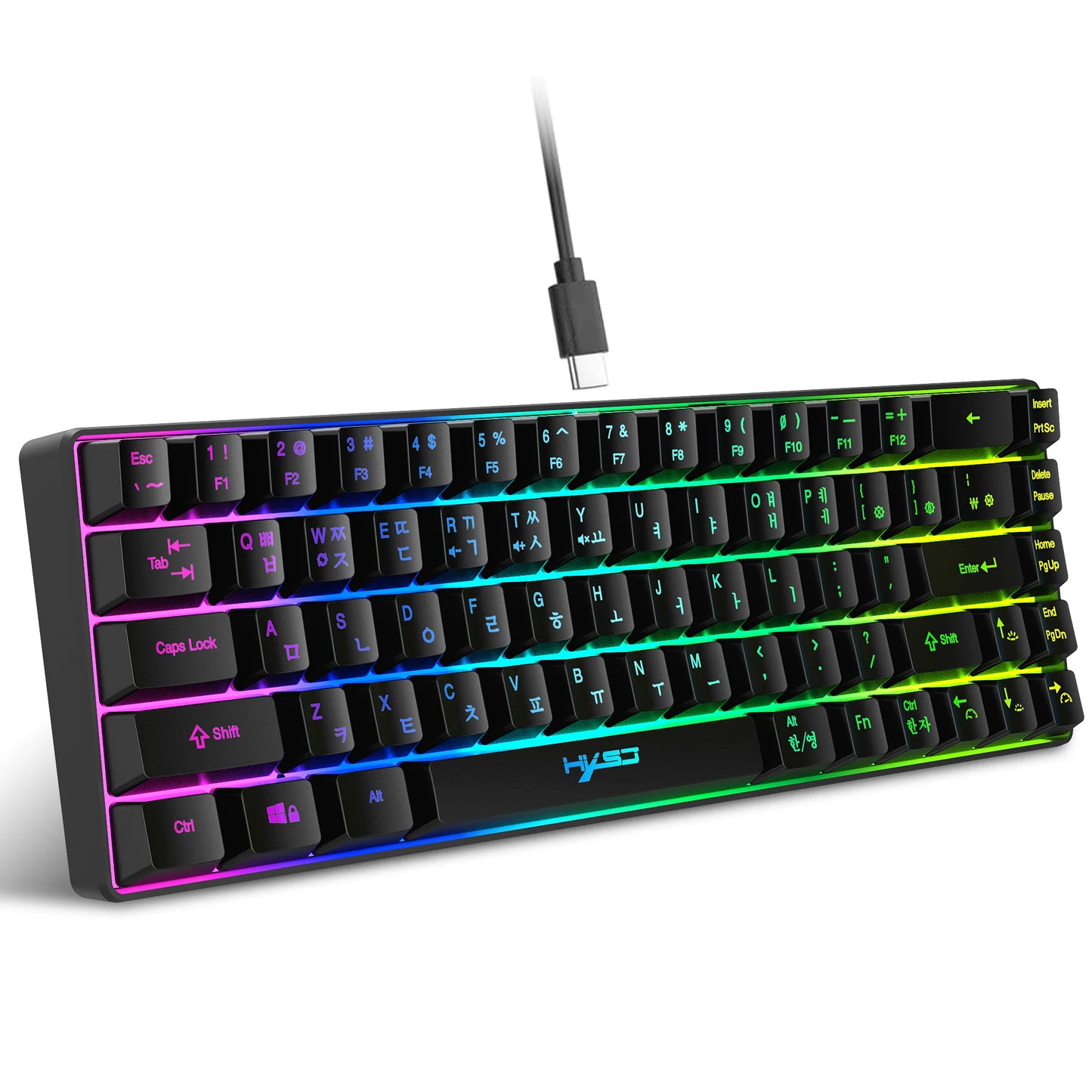 Teclado gaming de 68 teclas USB com fios portátil, retroiluminação RGB 20, teclado coreano para portáteis e computadores Windows
