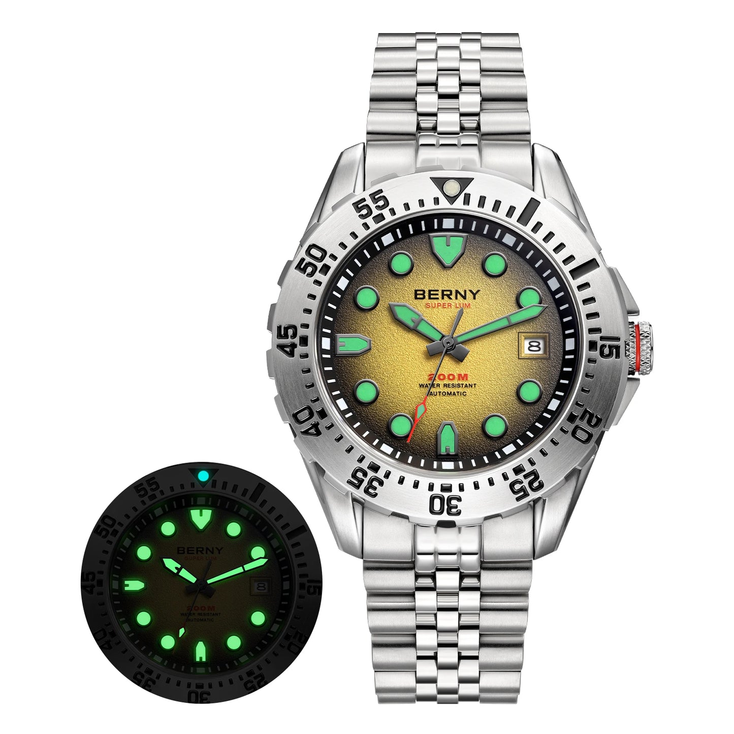 BERNY Men's Automatic Diver Watch Supper Luminous Sapphire AR Coated MIYOTA 8215 316LStainless Steel Single Crown Diving Watches