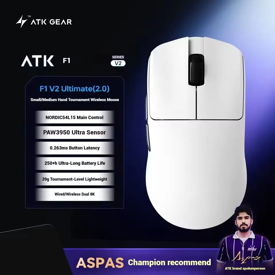 ATK Blazing Sky F1 V2 Ultra Max bezdrátová herní myš, duální režim, lehká, PAW3950Ultra, duální 8K, nízká latence, ergonomická, Extreme