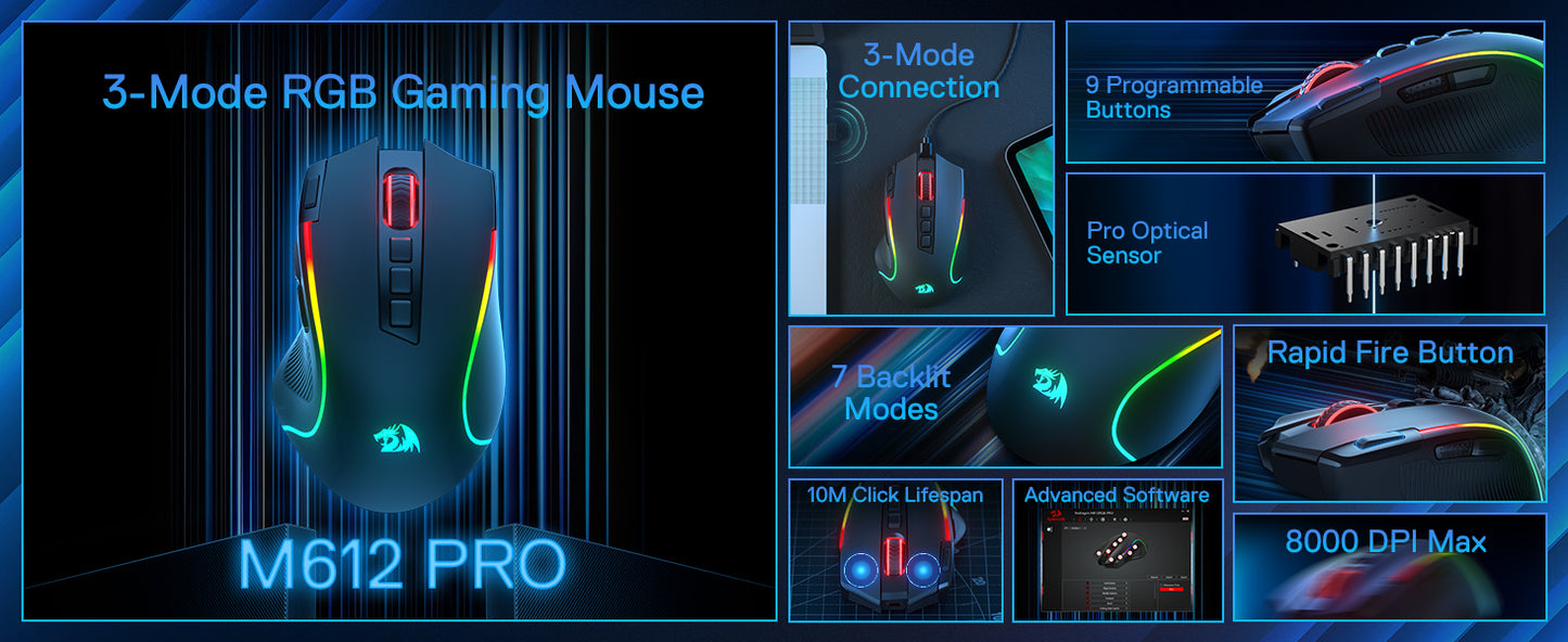 Mouse gaming Redragon M612 PRO BT & 2.4RGB, 8000 DPI, ottico cablato/wireless, 11 pulsanti programmabili e 6 modalità retroilluminate