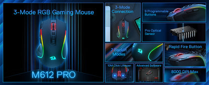 Mouse gaming Redragon M612 PRO BT & 2.4RGB, 8000 DPI, ottico cablato/wireless, 11 pulsanti programmabili e 6 modalità retroilluminate