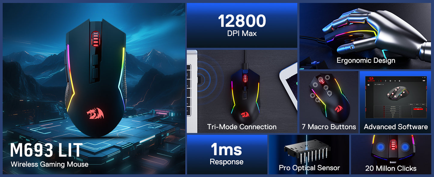 Redragon M693 Wireless Gaming Mouse 12800 DPI, 7 Programmable Buttons, 3-Mode Bluetooth & 2.4G Gaming Mouse
