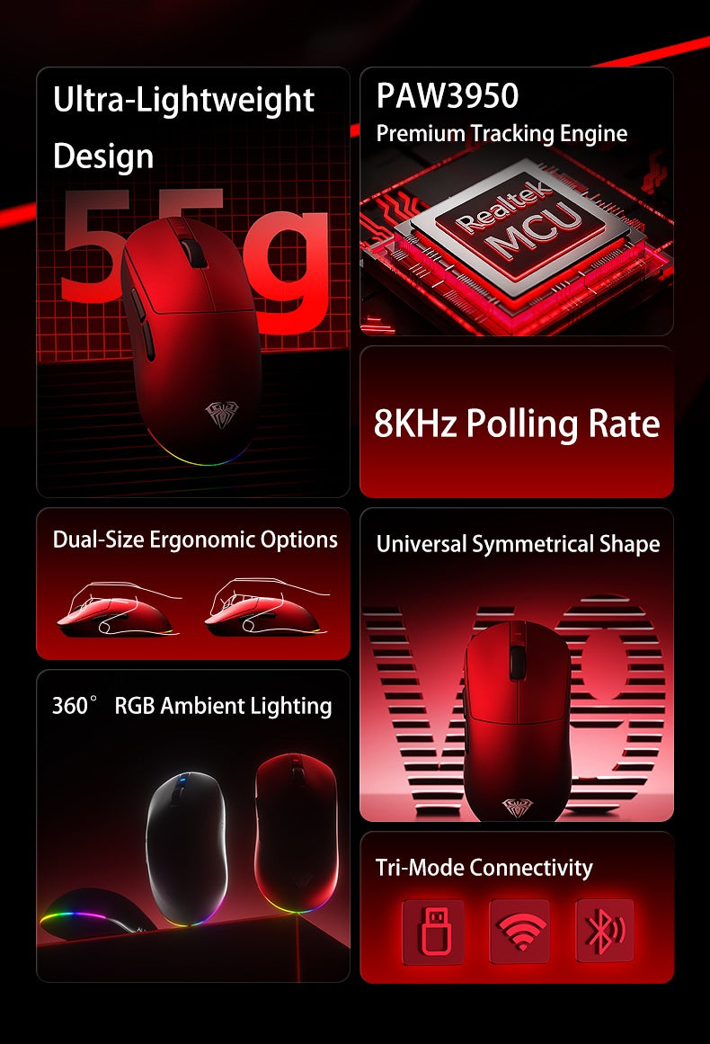 Aula V9 Ultra Kabellose E-Sports-Gaming-Maus Double 8k 3mode PAW 3950 8k 55g Leichte ergonomische Maus – individuelles PC-Zubehör