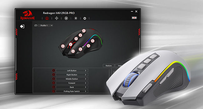Mouse Gaming Redragon M612 PRO RGB BT 2.4G, ottico wireless 8000 DPI, 9 pulsanti programmabili, 7 modalità retroilluminate, B