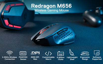 Redragon M656 Gainer Wireless Gaming Mouse, 4000 DPI 2.4GHz Wireless Gaming Mouse with 7 Programmable Buttons, 5 DPI Levels & Red LED Backlight