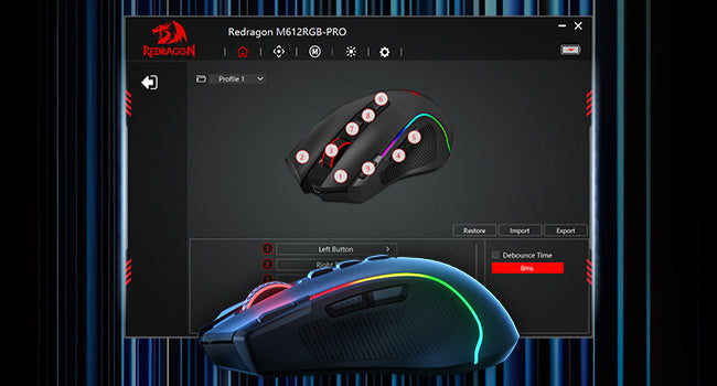 Mouse gaming Redragon M612 PRO BT & 2.4RGB, 8000 DPI, ottico cablato/wireless, 11 pulsanti programmabili e 6 modalità retroilluminate