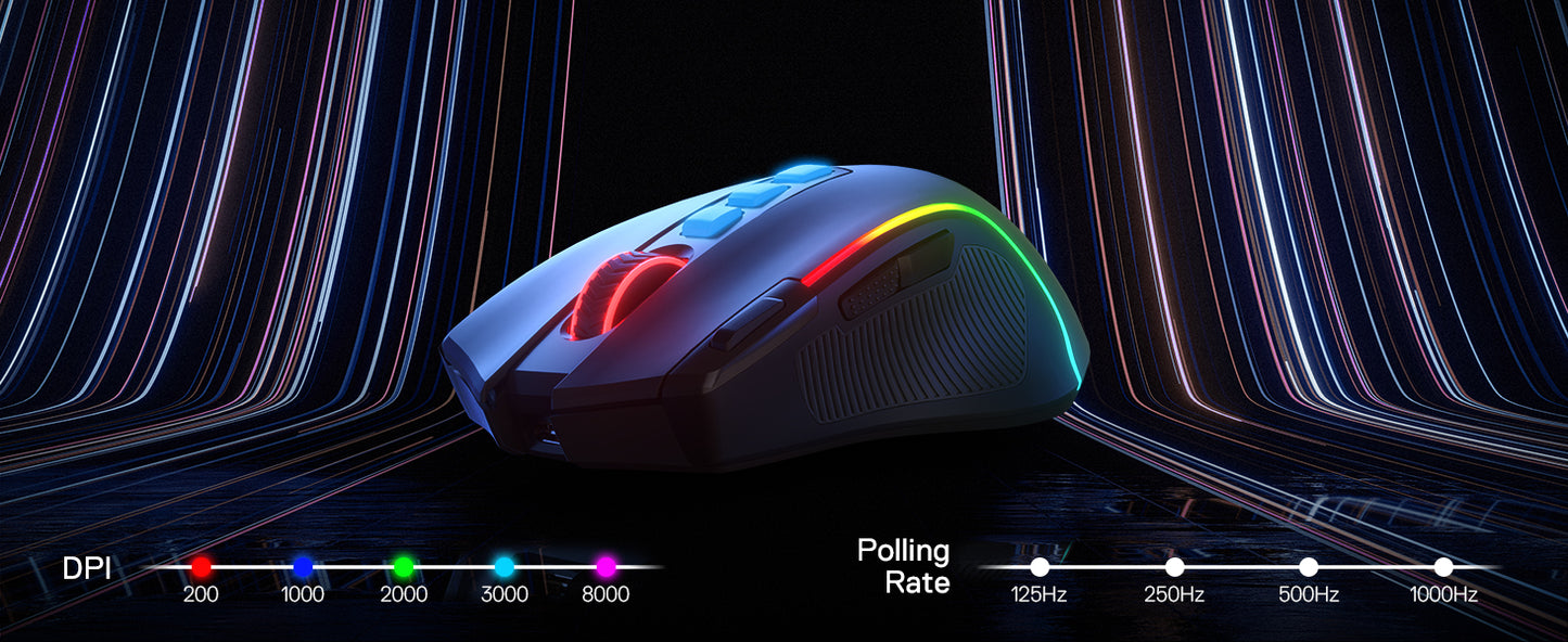 Mouse gaming Redragon M612 PRO BT & 2.4RGB, 8000 DPI, ottico cablato/wireless, 11 pulsanti programmabili e 6 modalità retroilluminate