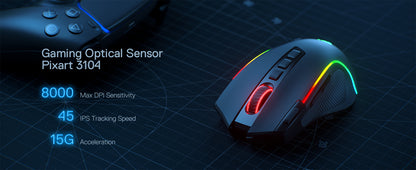 Mouse gaming Redragon M612 PRO BT & 2.4RGB, 8000 DPI, ottico cablato/wireless, 11 pulsanti programmabili e 6 modalità retroilluminate