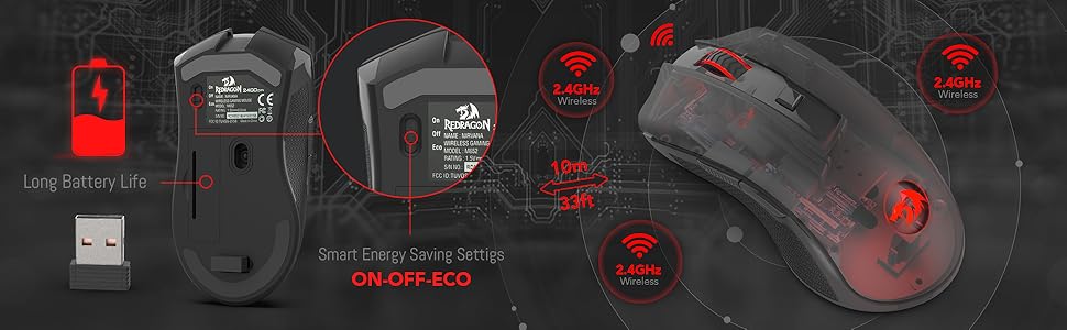 Mouse wireless ottico Redragon M652 2.4G con ricevitore USB, mouse portatile per gaming e ufficio, 5 livelli DPI regolabili
