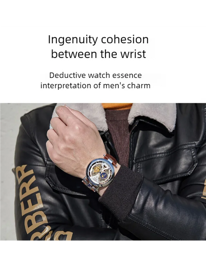 DIFFUL Luxury Big Skeleton Dial Moon Phases Tourbillon Hollowed Mechanical Men Wristwatch Watch With Leather Band