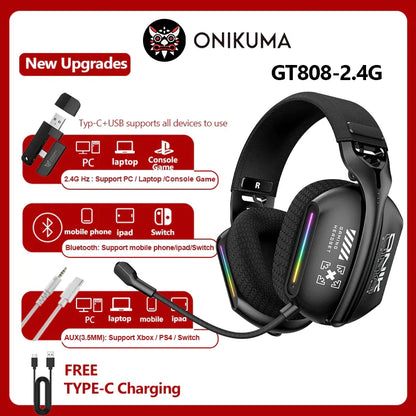 Onikuma GT808 Wireless Gaming Headset RGB – Bluetooth 5.3, 2.4GHz & 3.5mm Gaming Headphones with Microphone