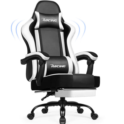 Portreen Gaming chair with footrest, ergonomic gaming chair, gaming armchair with adjustable lumbar cushion and headrest, height-adjustable swivel, rocking function up to 170°, gaming chair for up to 150 kg, black, perfect f