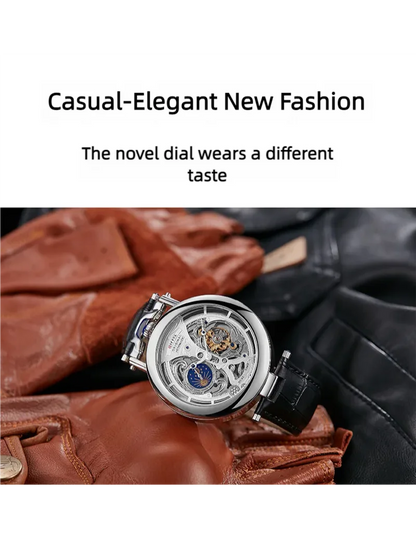DIFFUL Luxury Big Skeleton Dial Moon Phases Tourbillon Hollowed Mechanical Men Wristwatch Watch With Leather Band