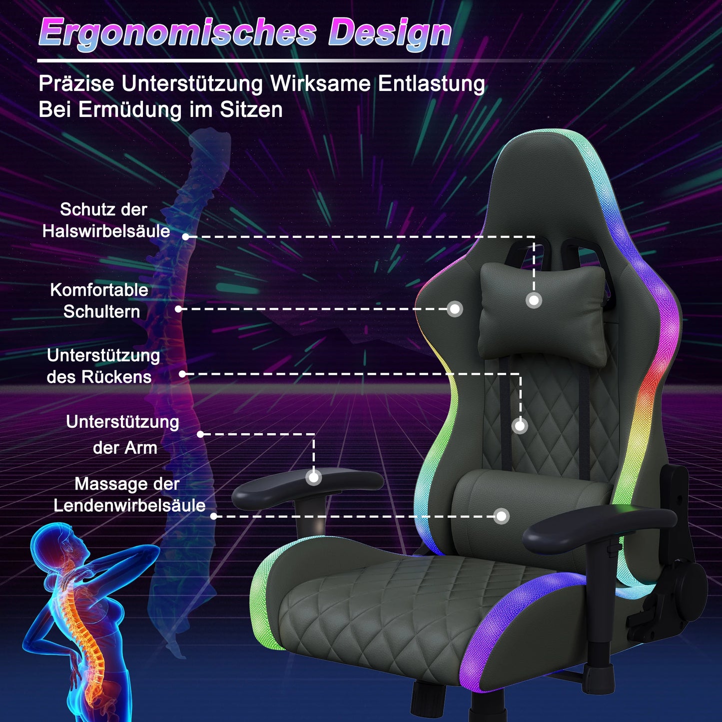 Comanlai Rgonomic Gaming Chair with RGB Lighting, PVC Leather Computer Chair, Adjustable Seat Height and Backrest, Waist Massage