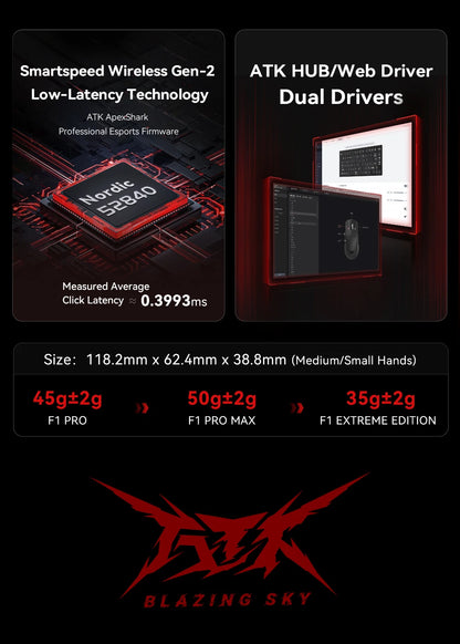 ATK BlazingSky F1 Extreme vezeték nélküli gaming egér, PAW3950 Ultra, két üzemmód, 8000Hz, 35g, könnyű e-sport FPS egér