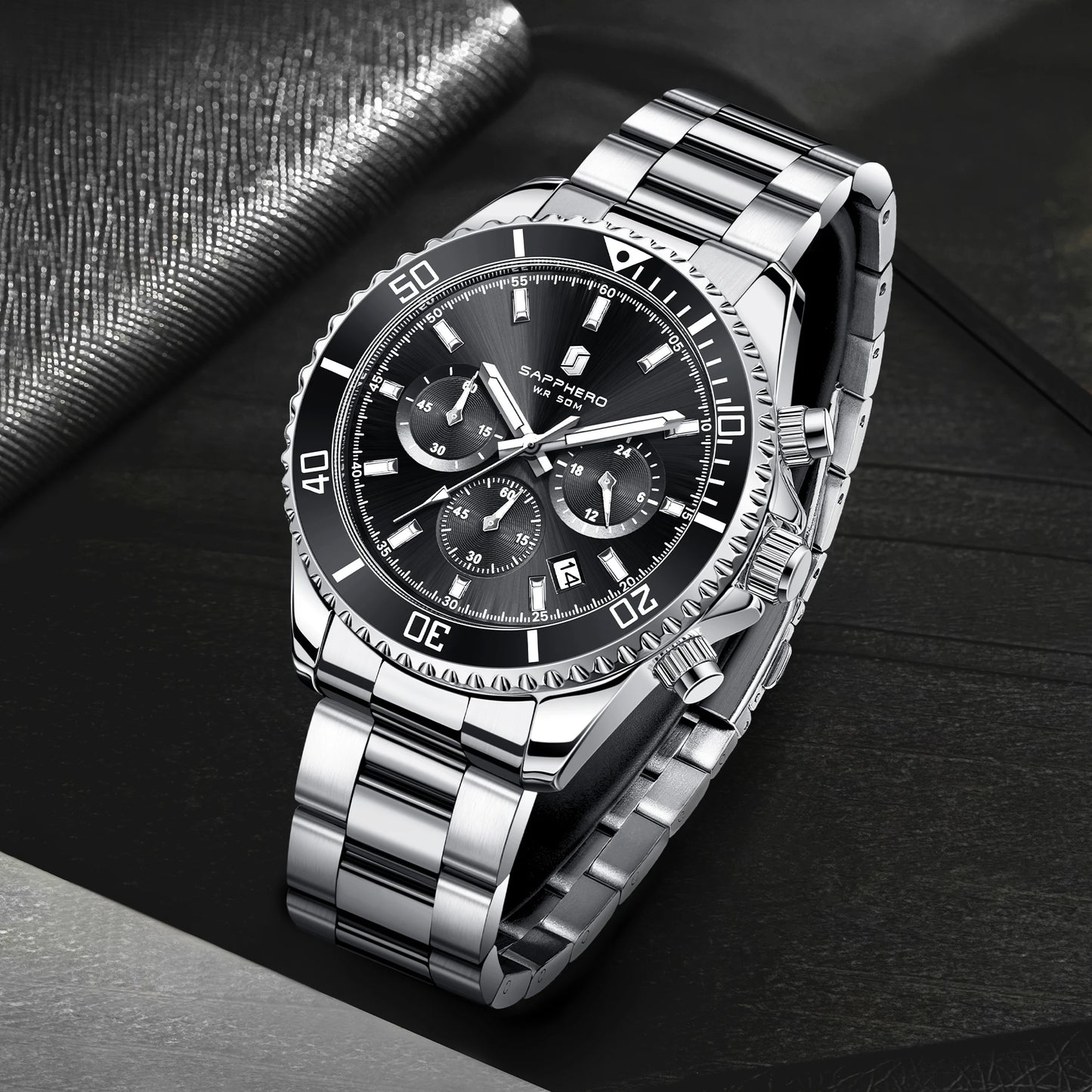 SAPPHERO Men’s Quartz Watch Luxury Chronograph Sport Wristwatch Stainless Steel Waterproof 50M Date Luminous Business Watch