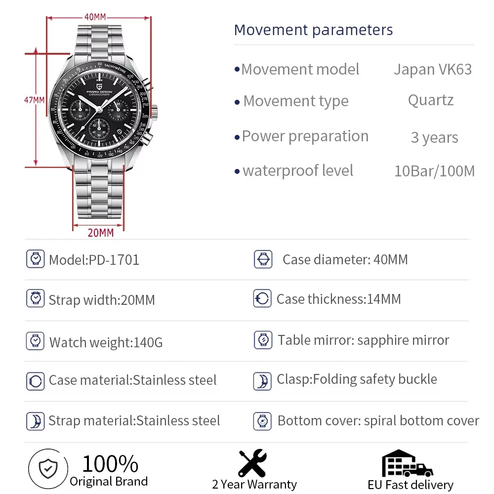 PAGANI DESIGN Moon ST6 luxury automatic men’s Watch, business watch for men, mechanical watch, luminous, sapphire glasses, nylon strap, EU local delivery 2026