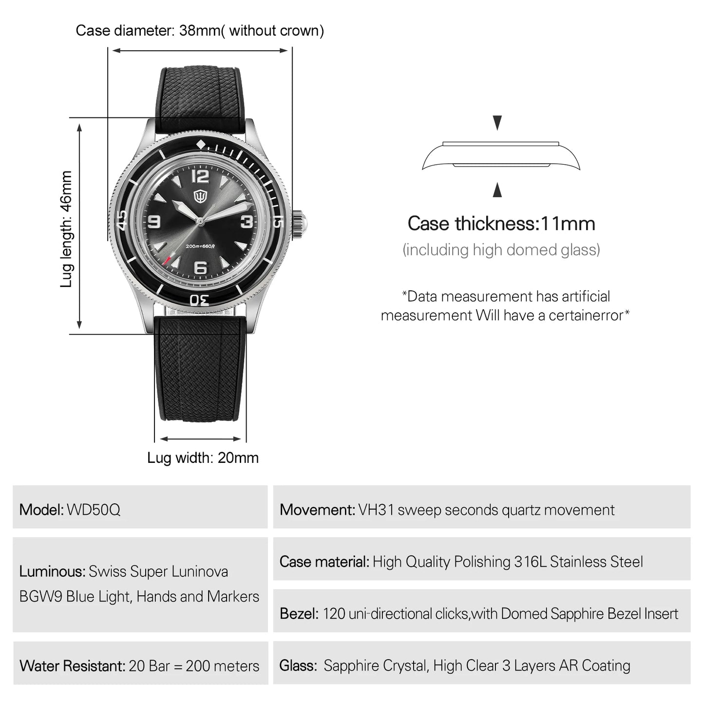 Watchdives 50-Fathoms Watch VH31 Sweep Seconds Quartz Movement Luminous 200m Waterproof Sapphire Stainless Steel  Watches WD50Q