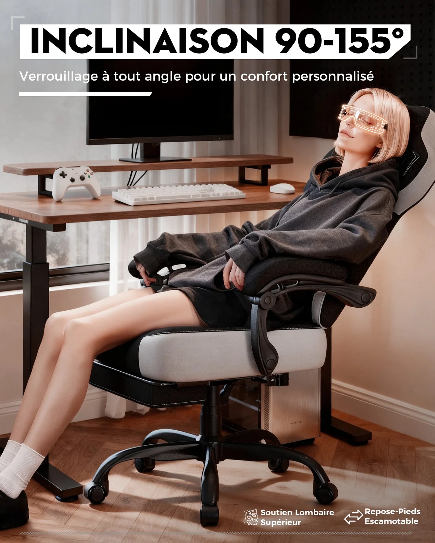 LUCK RACER Gaming chair, Connected Armrests Office Chair, Memory Foam Cushion, 90-155 ° Incline Angle and Footrest