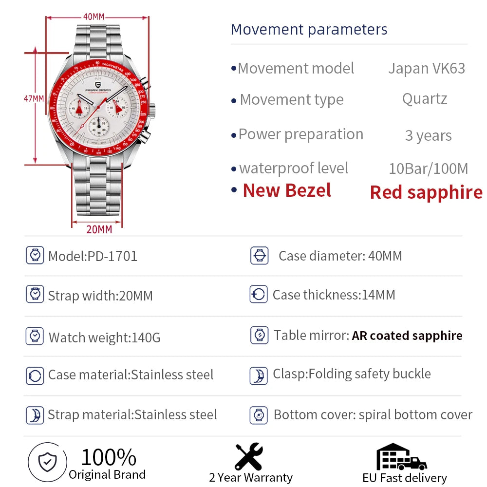 PAGANI DESIGN New men’s watches, luxury quartz watch, speed chronograph, AR sapphire glasses, 100M water-resistant, business watch 2026, EU local shipping