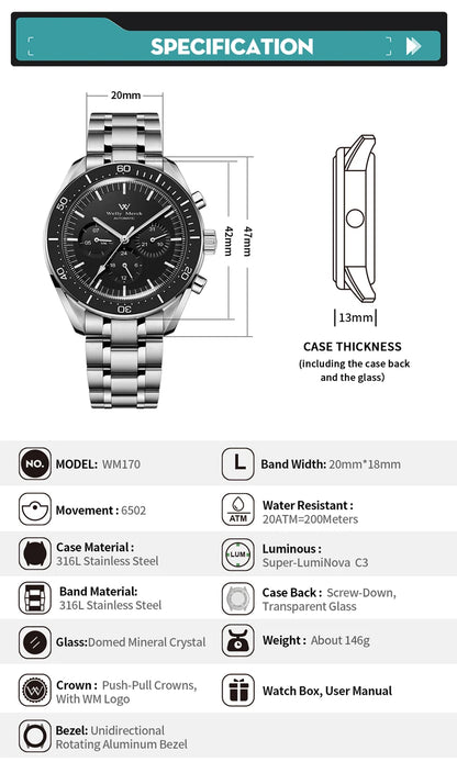 WM Watch Automatic Mechanical Watch 200M Waterproof Casual Classic Business Welly Merck Men Watches 170M-WM